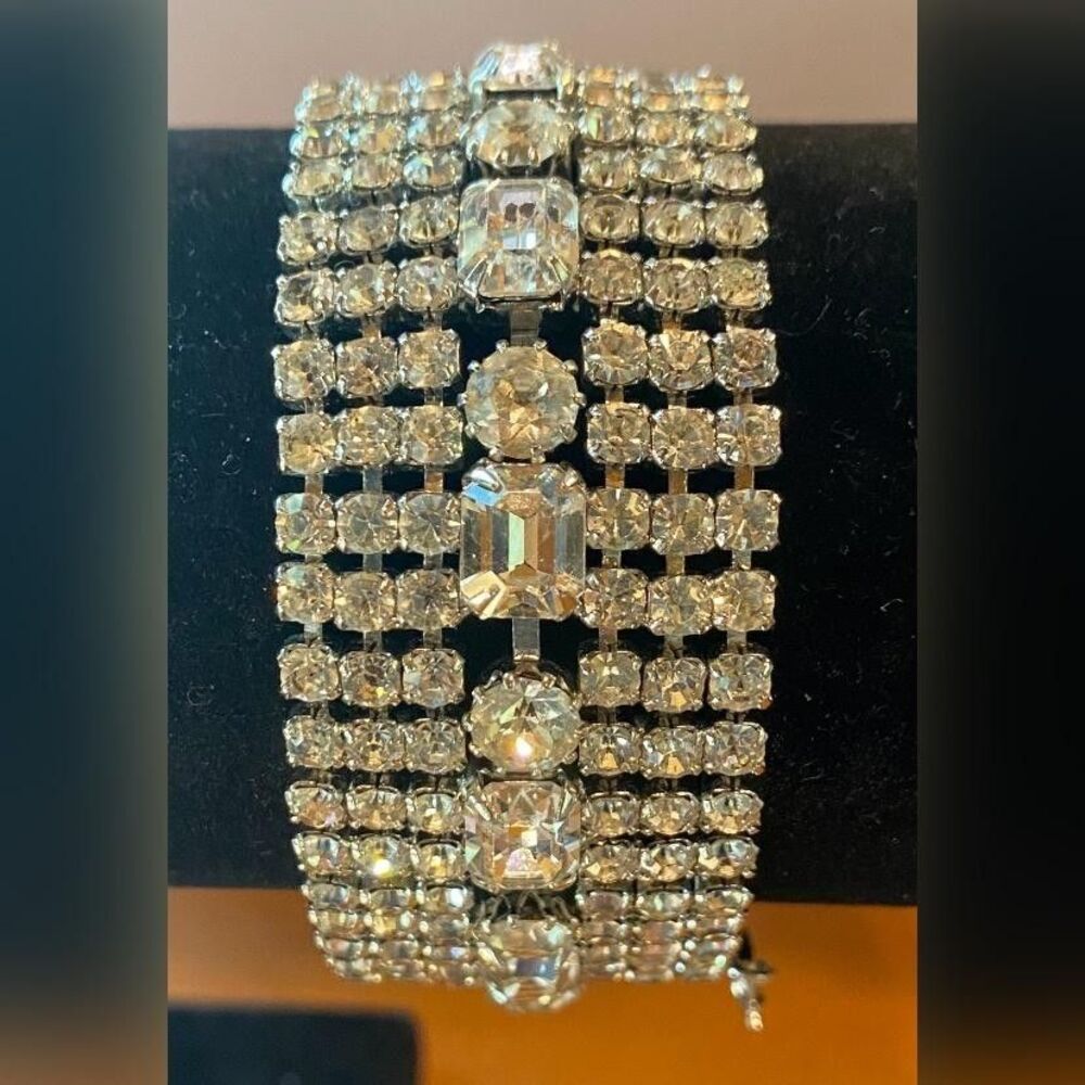 Vintage Weiss Rhinestone 7 Row Cuff Bracelet Silver Tone Signed Wide 7”